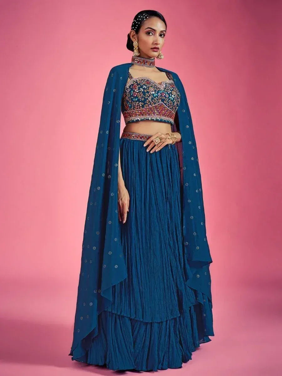 Blue embroidered lehenga choli with cape, Indian ethnic wear for weddings and parties