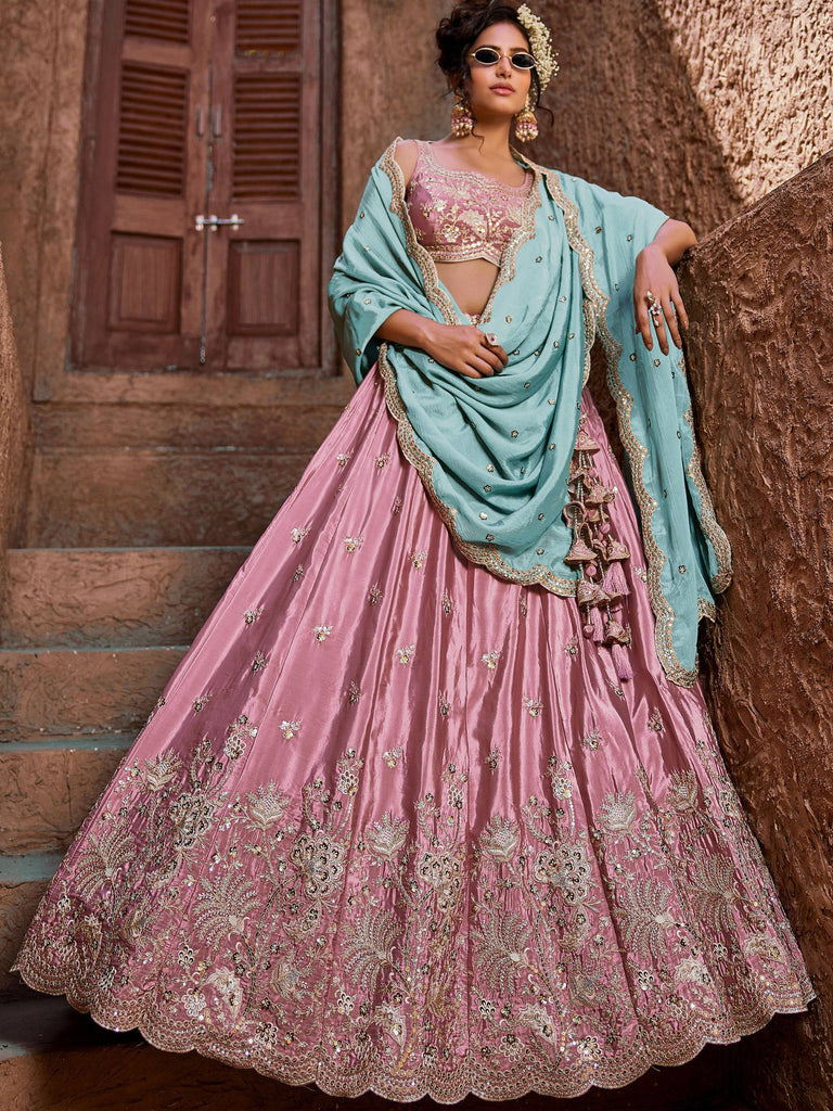 Noteworthy Pastel Pink Sequins Silk Wedding Wear Lehenga Choli