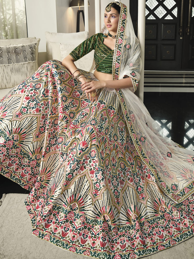 Euphoric White Heavy Sequins Embroidered Silk Wedding Lehenga Choli