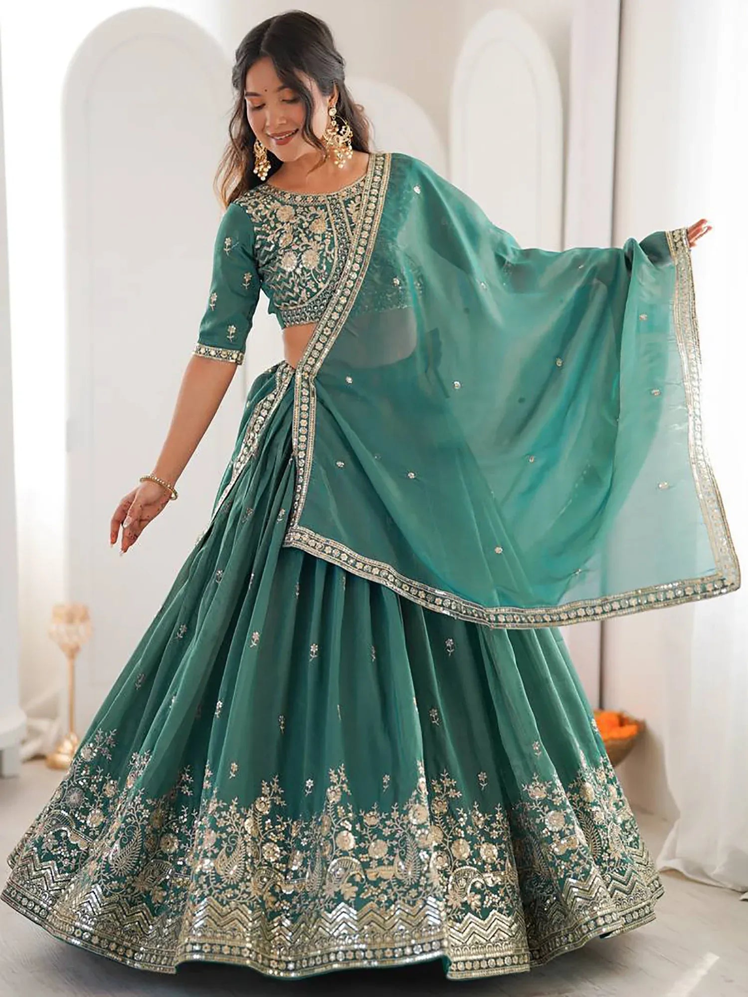 Terrific Sea Green Sequins Silk Mehendi Wear Lehenga Choli With Dupatta