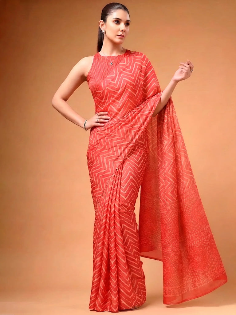Likeable Coral Red Zig-Zag Printed Satin Wedding Wear Saree With Blouse
