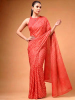 Likeable Coral Red Zig-Zag Printed Satin Wedding Wear Saree With Blouse