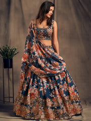 Incredible Blue Printed Organza Wedding Wear Plus Size Lehenga Choli