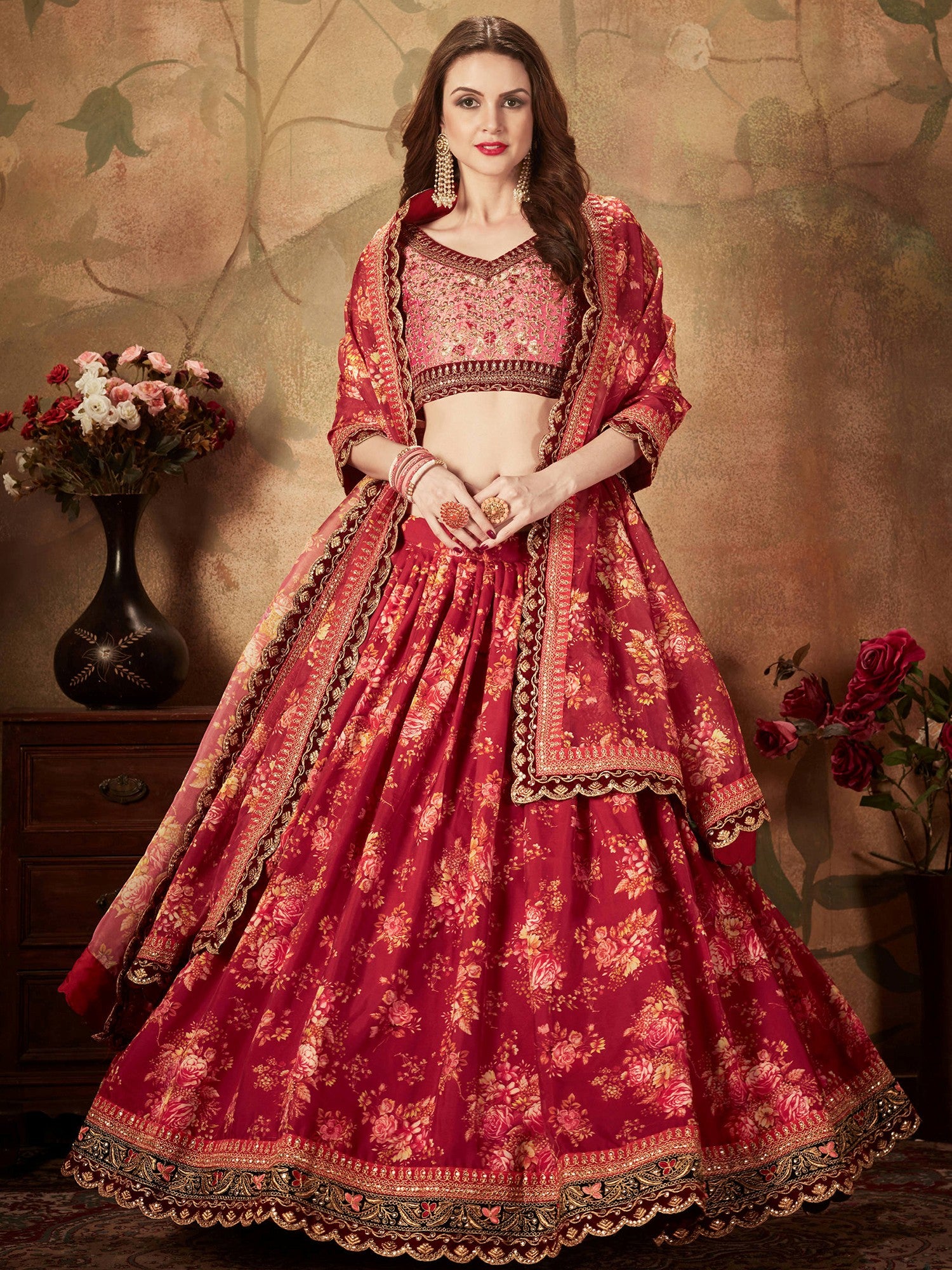 Majestic Maroon Printed Organza Engagement Wear Plus Size Lehenga Choli