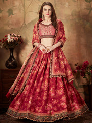 Majestic Maroon Printed Organza Engagement Wear Plus Size Lehenga Choli