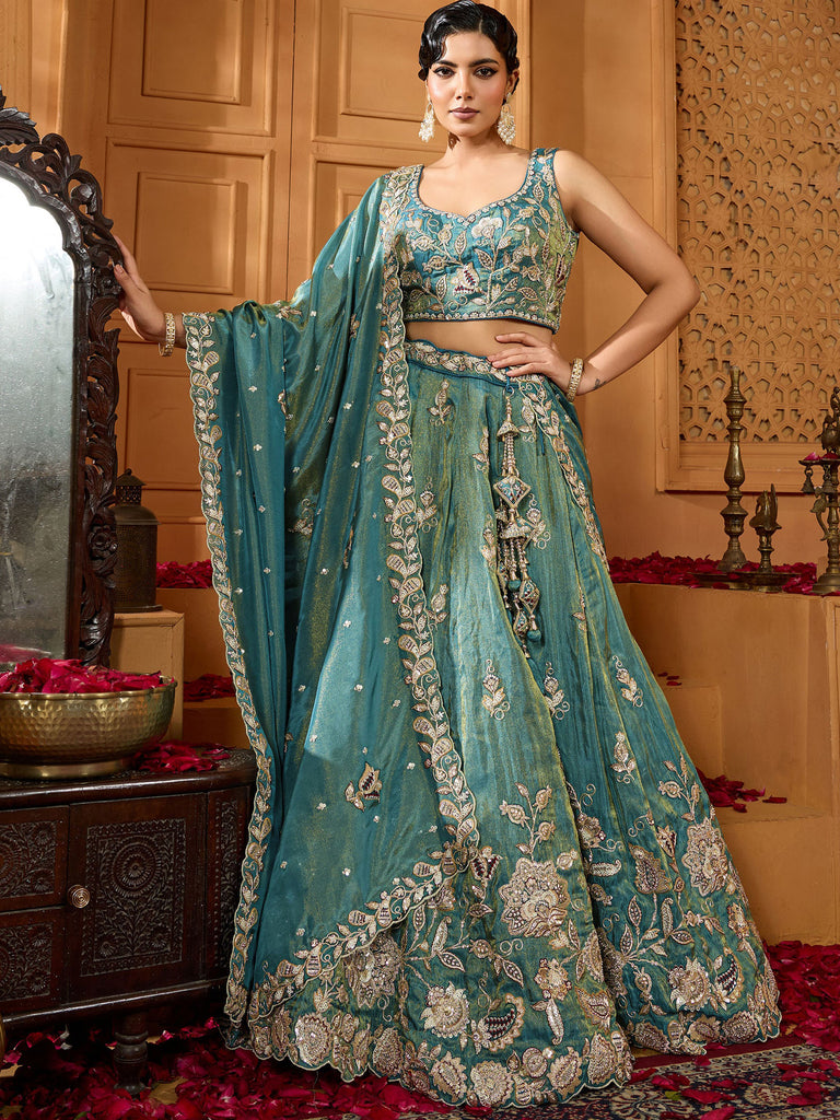 Graceful Teal Blue Floral Embroidery Tissue Traditional Lehenga Choli