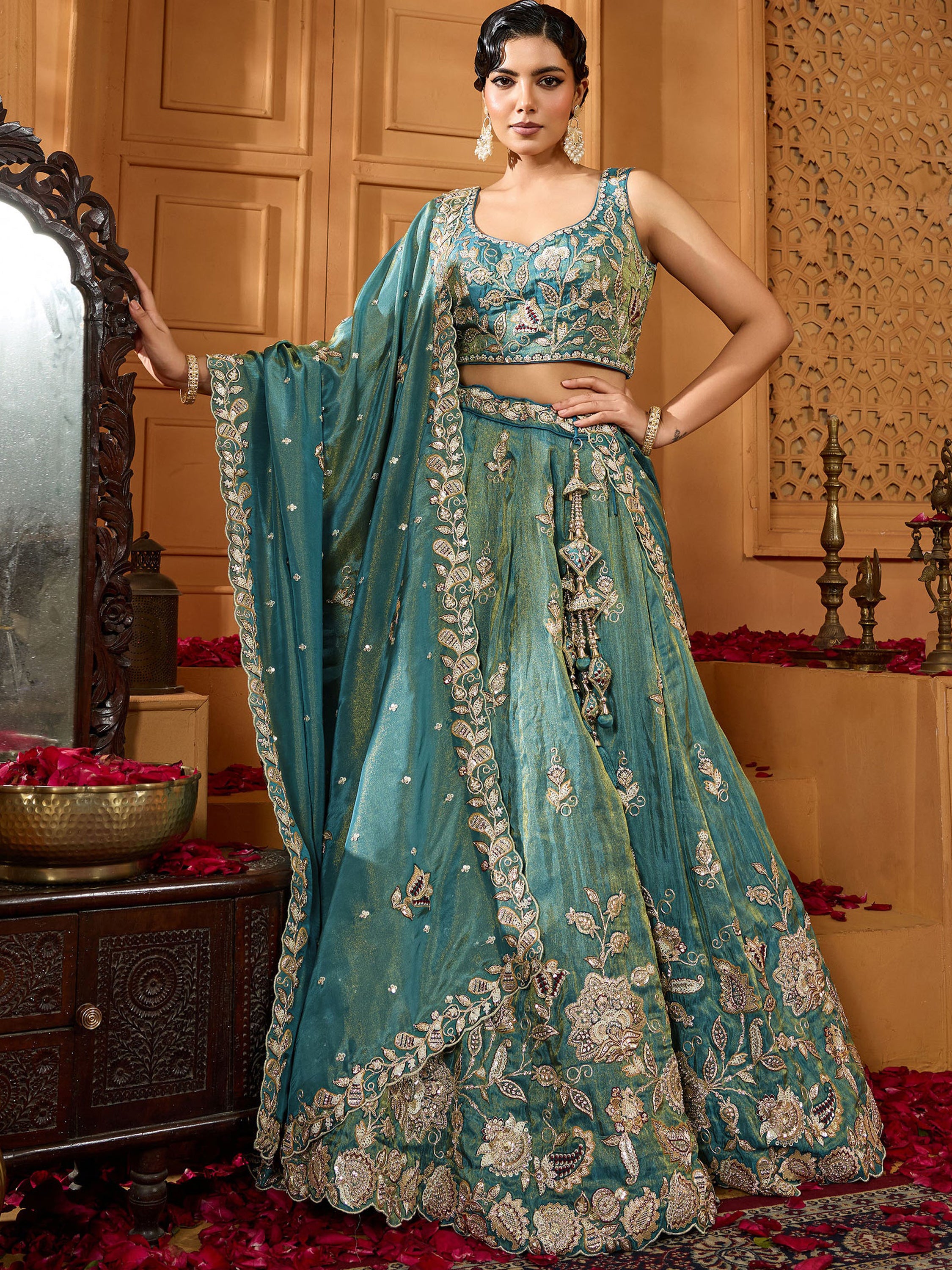 Graceful Teal Blue Floral Embroidery Tissue Traditional Lehenga Choli