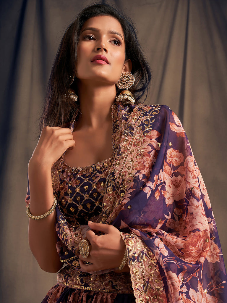 Precious Purple Printed Organza Wedding Wear Plus Size Lehenga Choli