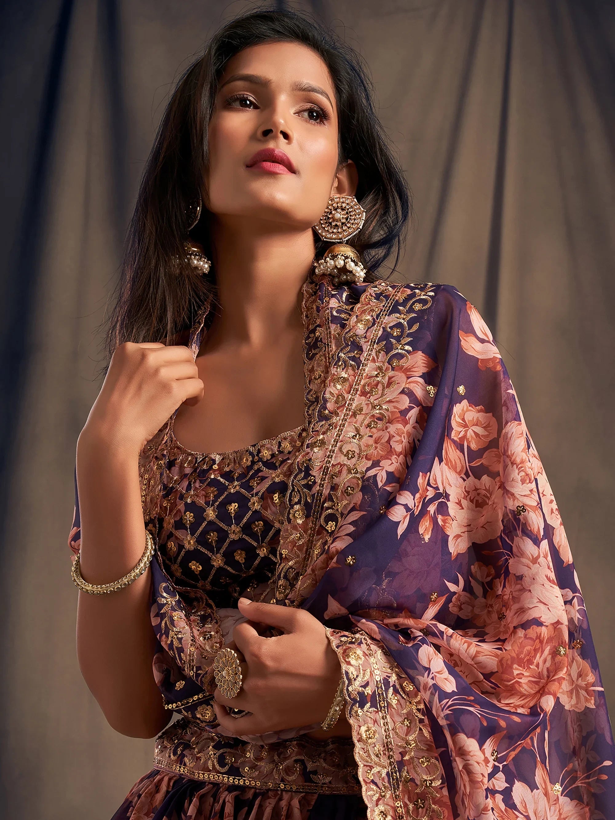 Precious Purple Printed Organza Wedding Wear Plus Size Lehenga Choli