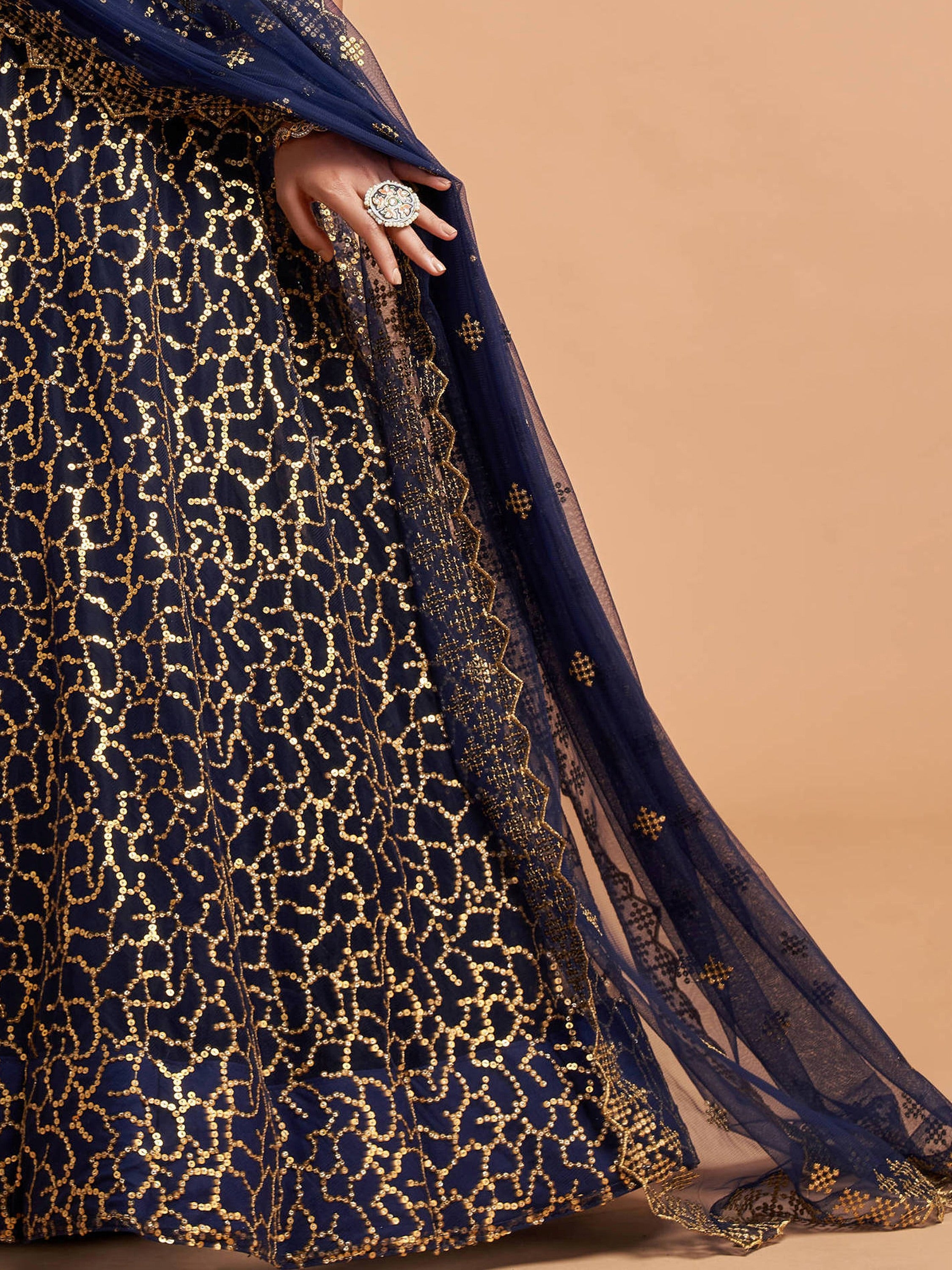 Marvelous Blue Sequins Net Party Wear Plus Size Lehenga Choli