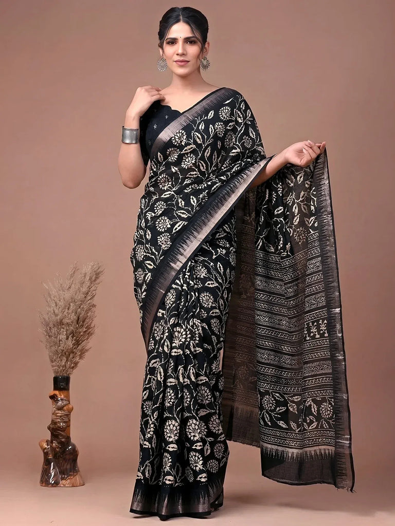 Graceful Black Zari Border Silk Daily Wear Saree With Blouse