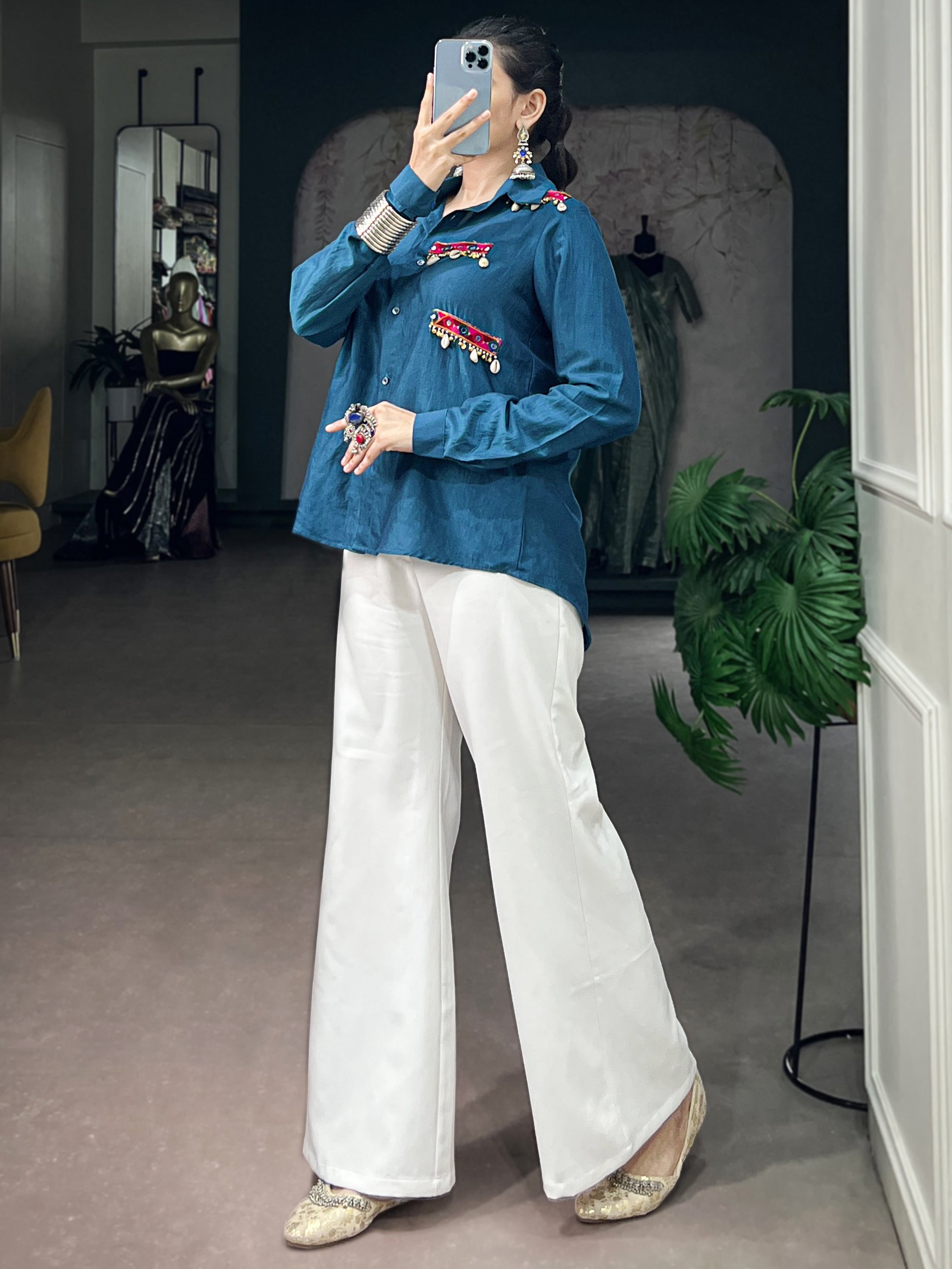 Stylish Teal Blue Gamthi Work Chinon Navratri Wear Shirt