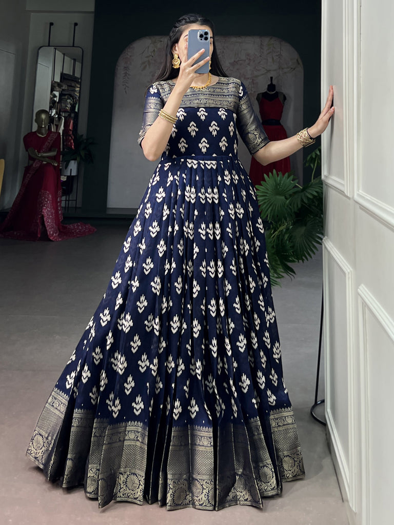 Enchanting Navy Blue Zari Weaving Cotton Festive Wear Gown
