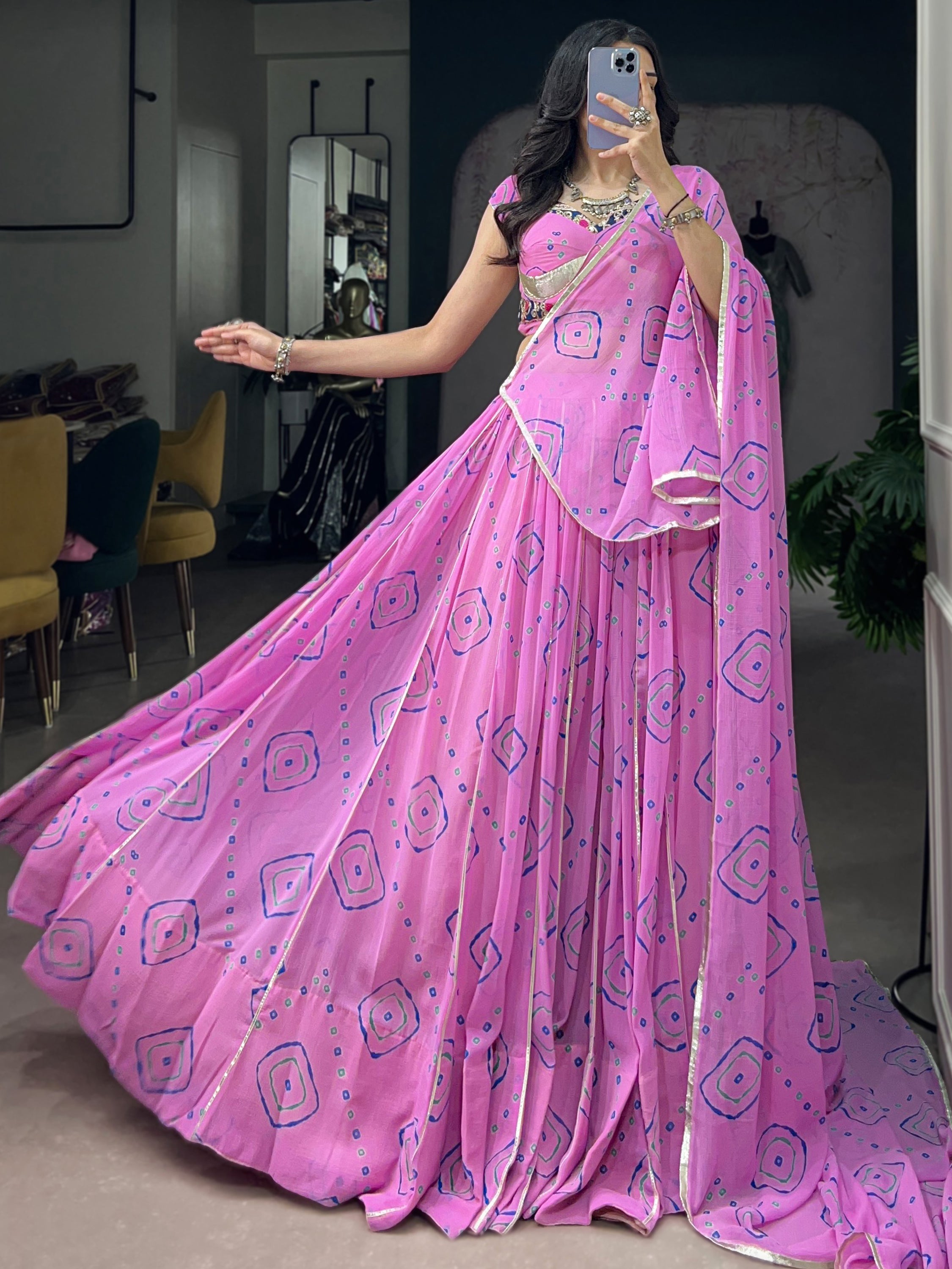 Regal Baby Pink Bandhej Printed Georgette Navratri Wear Lehenga Choli