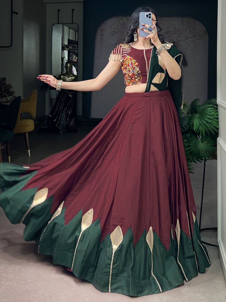 Royal Maroon Patch Work Chinon Navratri Wear Lehenga Choli With Dupatta