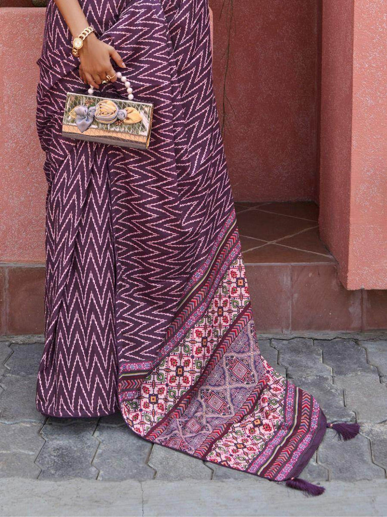 Gorgeous Purple Digital-Printed Crepe Festival-Wear Saree with Blouse