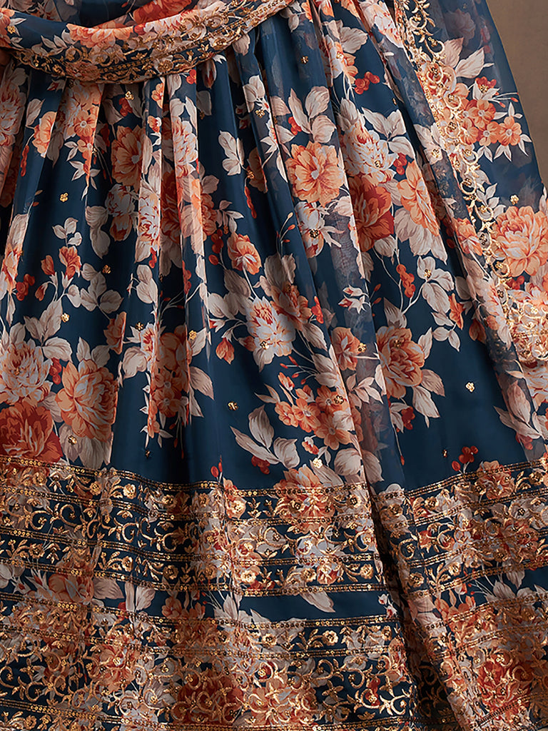 Incredible Blue Printed Organza Wedding Wear Plus Size Lehenga Choli