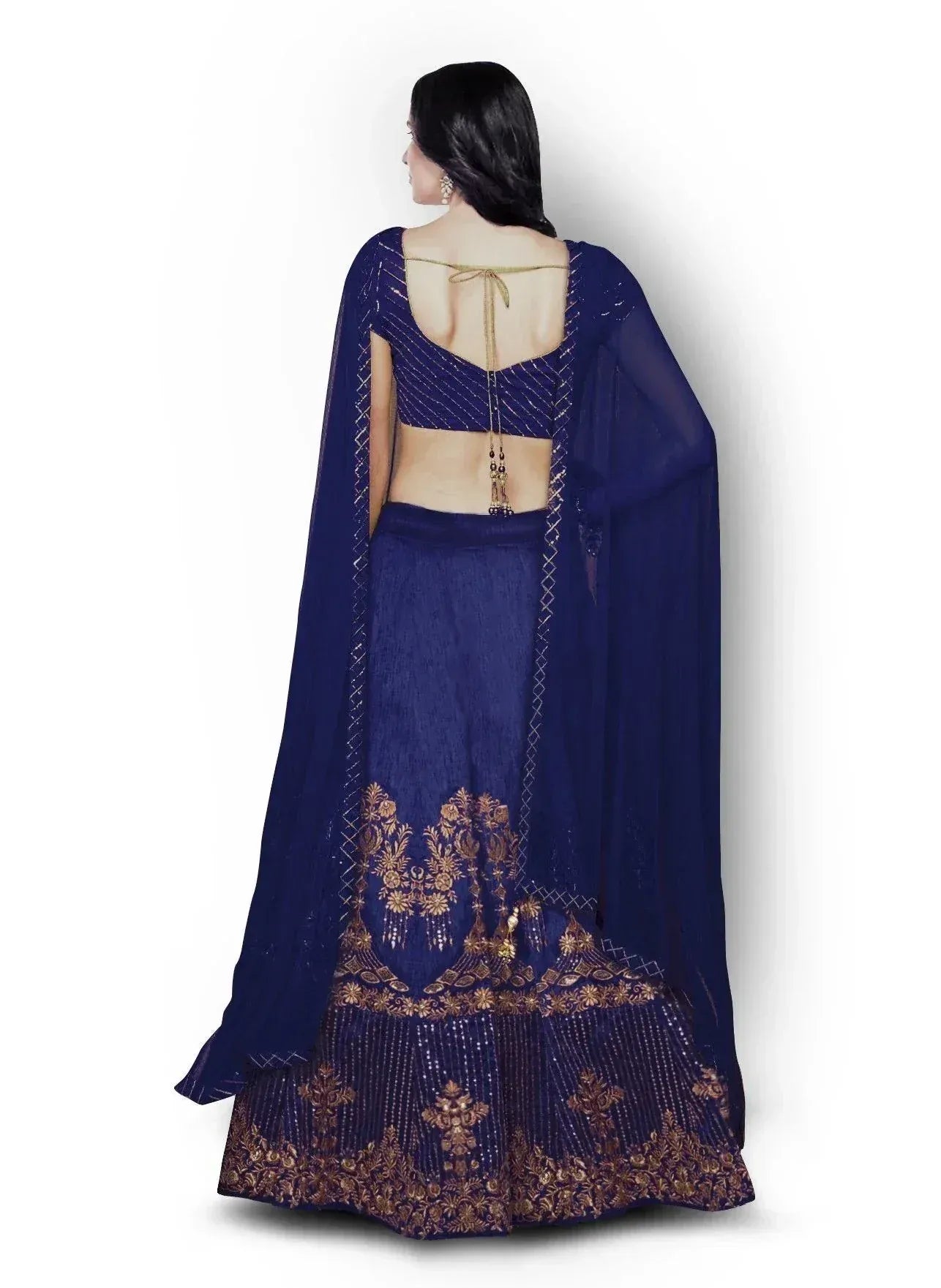 Navy blue designer lehenga choli with gold embroidery and back tie, ethnic wear for women