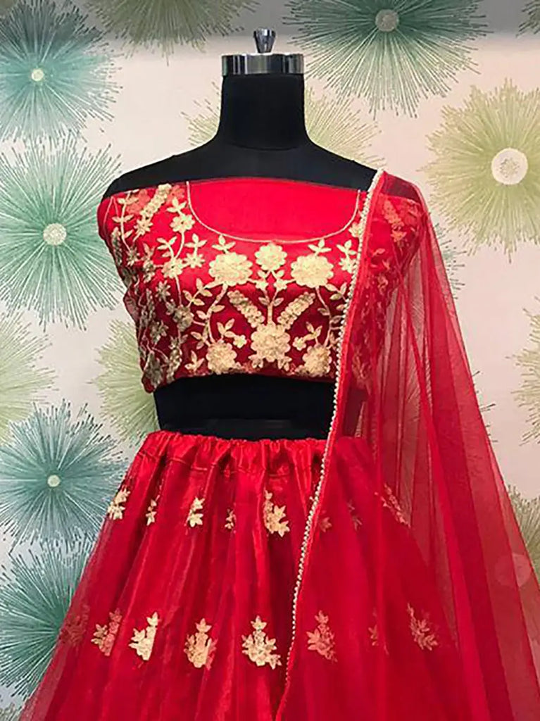 Alluring Red Net Floral Embroidered Wedding Wear Lehenga Choli