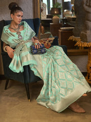 Exquisite Sea Green Zari Weaving Linen Function Wear Saree With Blouse