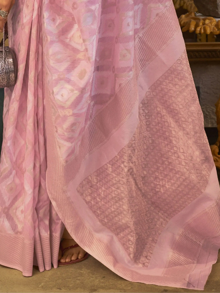 Beautiful Light Pink Zari Weaving Linen Wedding Wear Saree With Blouse