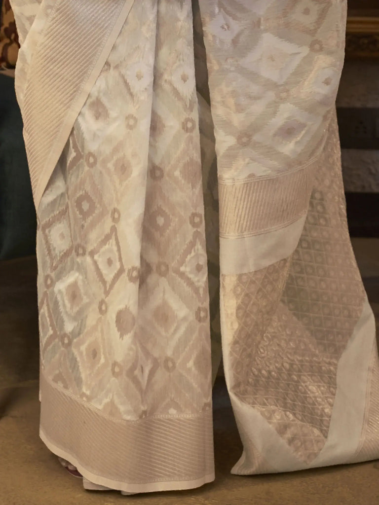 Gorgeous Off White Zari Weaving Linen Wedding Wear Saree With Blouse