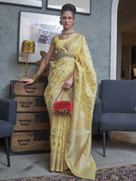 Charming Yellow Zari Weaving Linen Function Wear Saree With Blouse