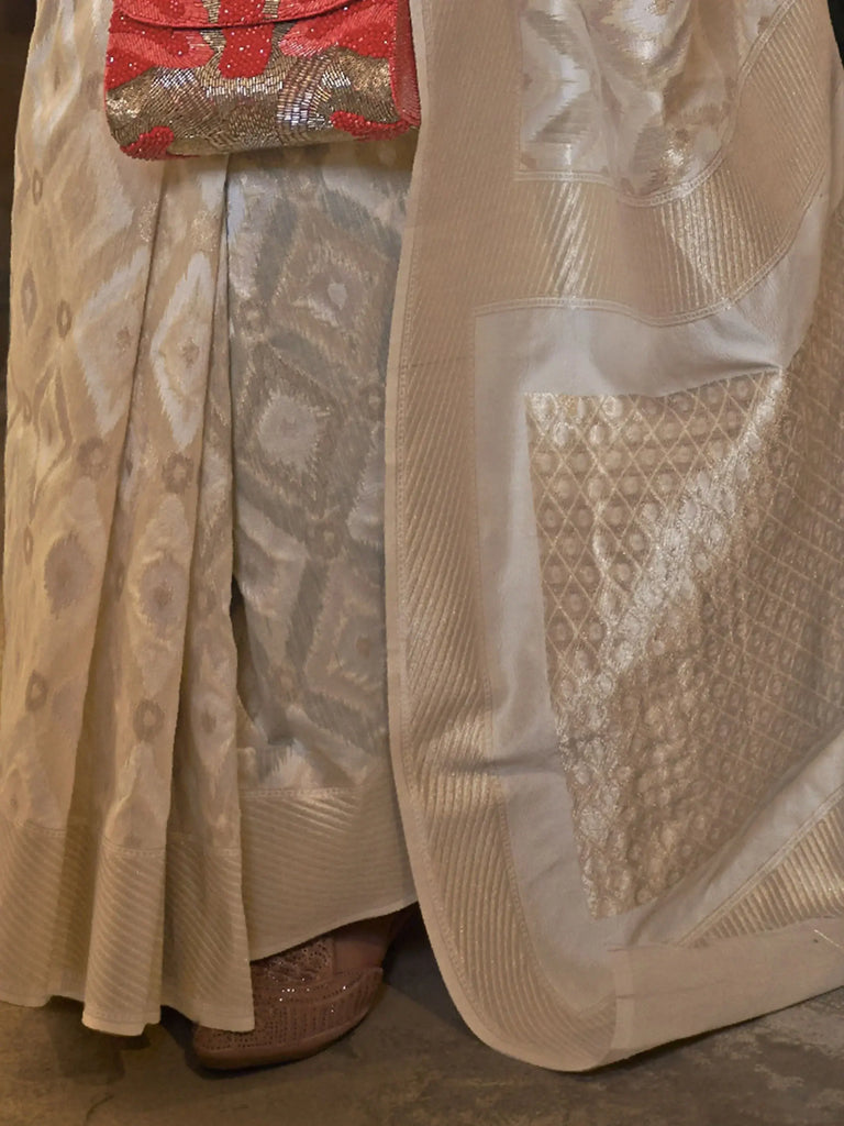 Charming Cream Zari Weaving Linen Function Wear Saree With Blouse