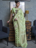 Alluring Pista Color Zari Weaving Linen Function Wear Saree With Blouse