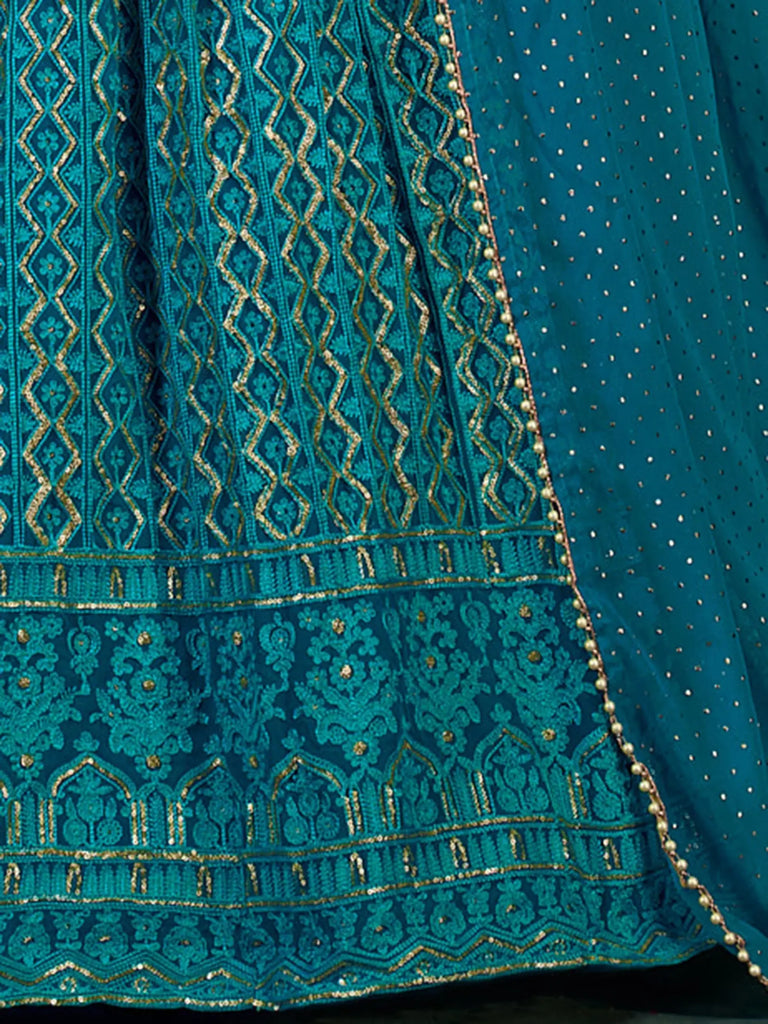 Stunning Teal Blue Sequins Embroidery Georgette Lehenga Choli