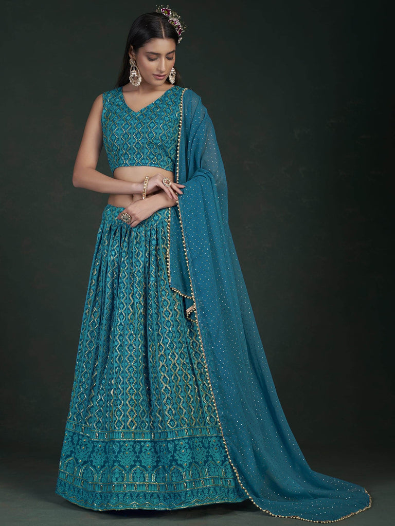 Stunning Teal Blue Sequins Embroidery Georgette Lehenga Choli
