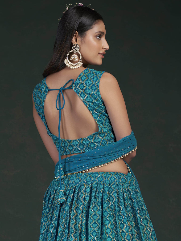 Stunning Teal Blue Sequins Embroidery Georgette Lehenga Choli