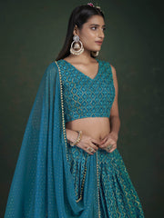 Stunning Teal Blue Sequins Embroidery Georgette Lehenga Choli