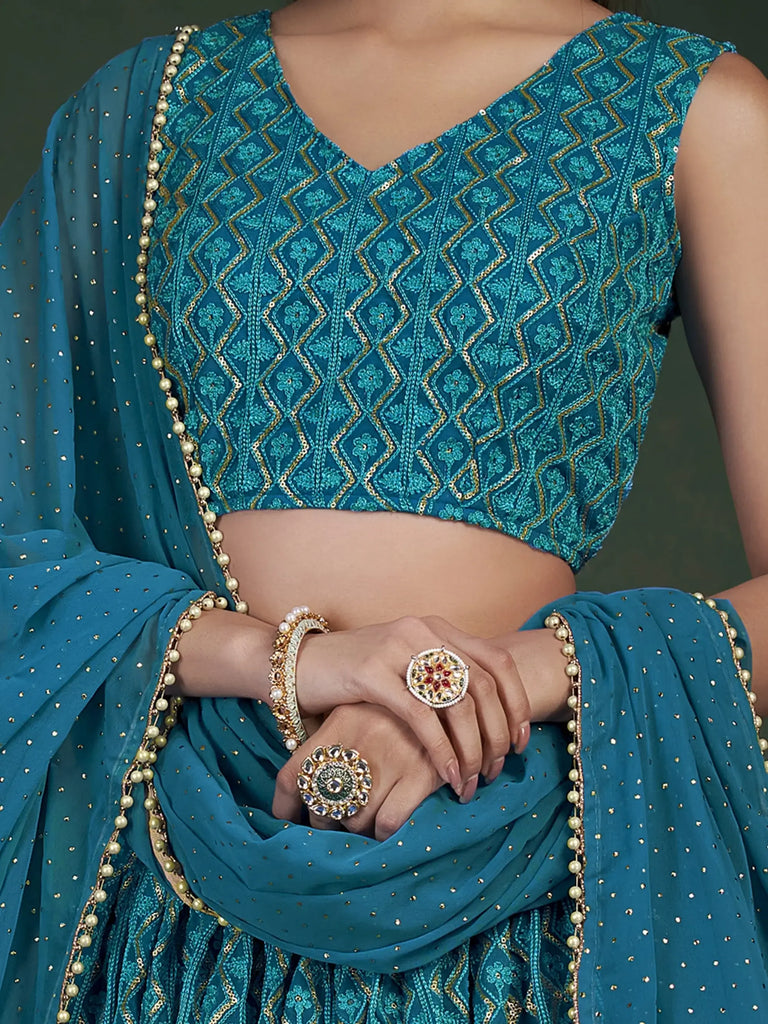Stunning Teal Blue Sequins Embroidery Georgette Lehenga Choli