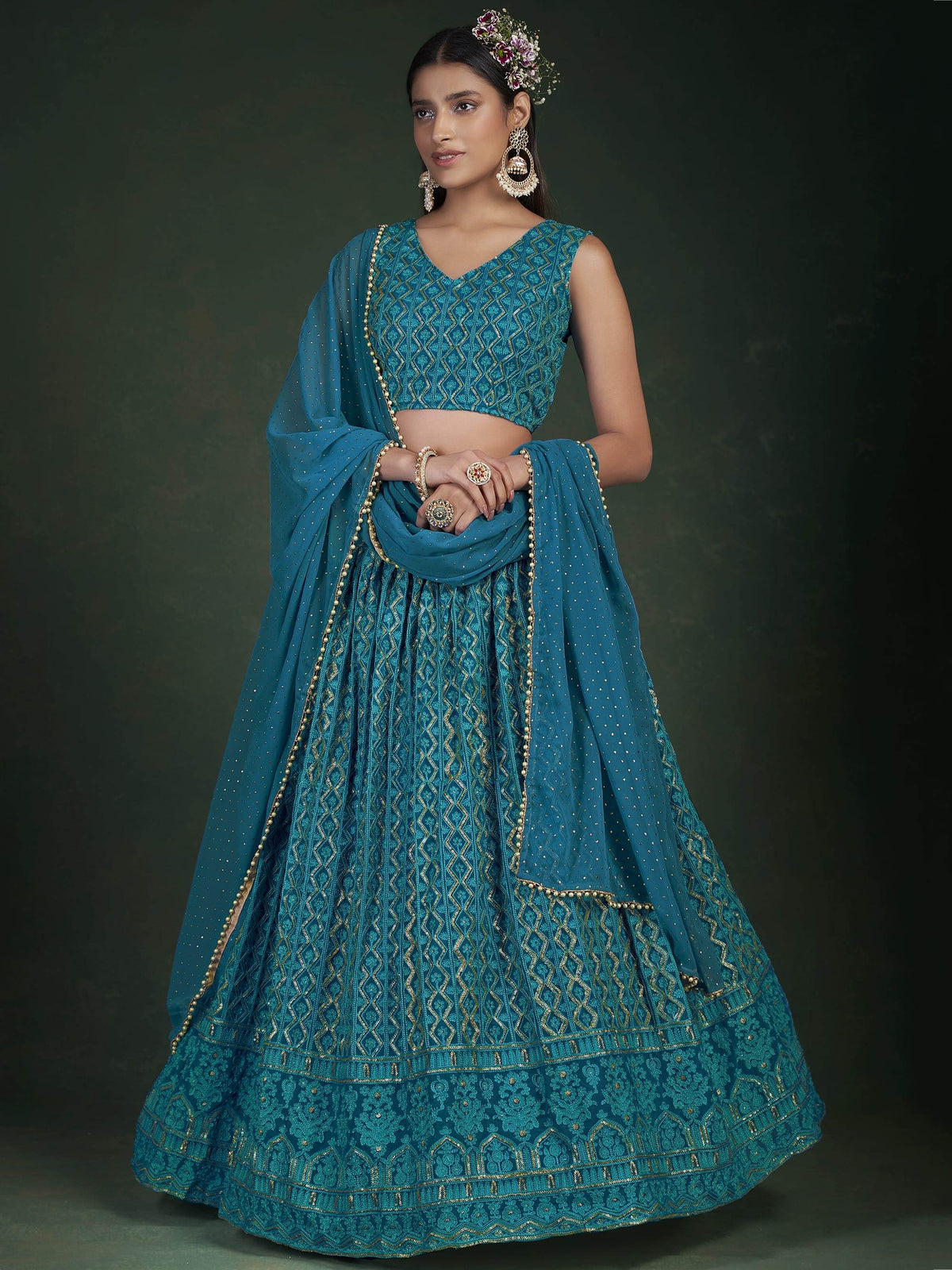Stunning Teal Blue Sequins Embroidery Georgette Lehenga Choli