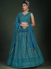 Stunning Teal Blue Sequins Embroidery Georgette Lehenga Choli