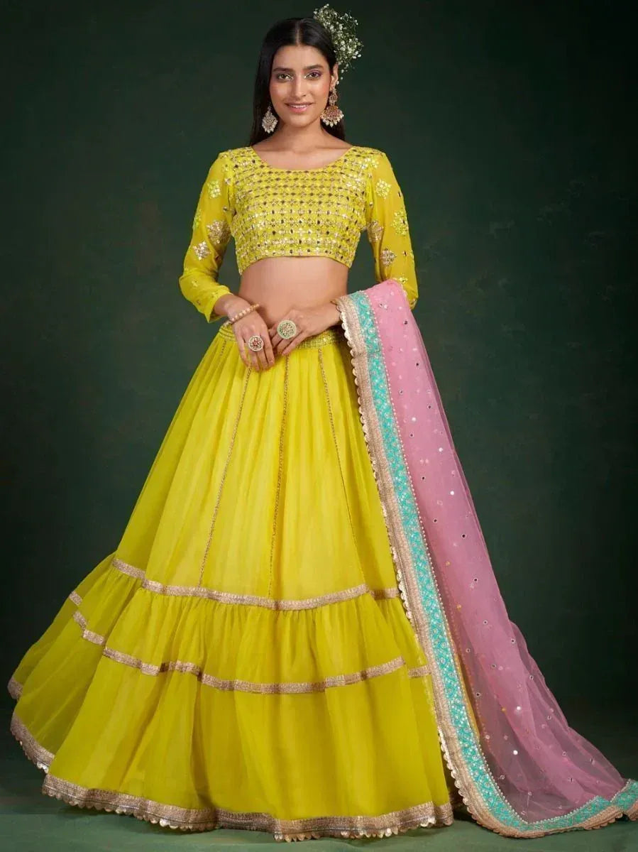 Yellow designer lehenga choli with pink dupatta, ethnic wear for women