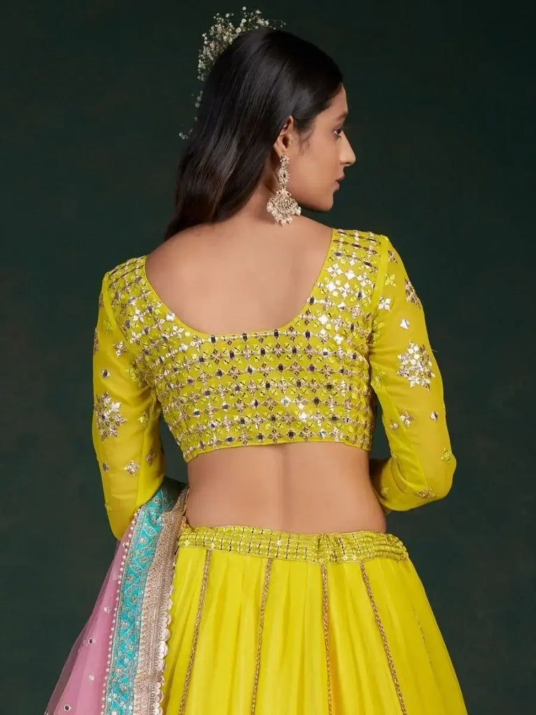 Glamorous Lime Yellow Sequins Embroidery georgette Lehenga Choli