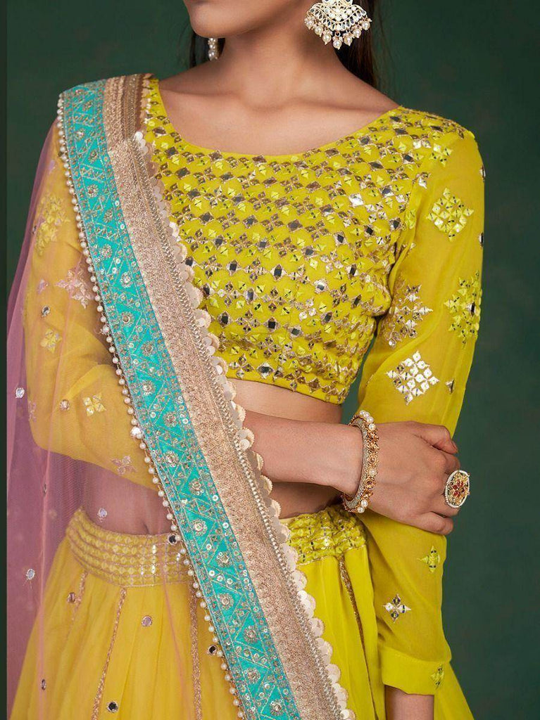 Glamorous Lime Yellow Sequins Embroidery georgette Lehenga Choli