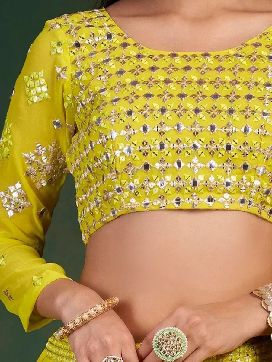 Yellow mirror-work blouse with gold embroidery, ethnic wear for women