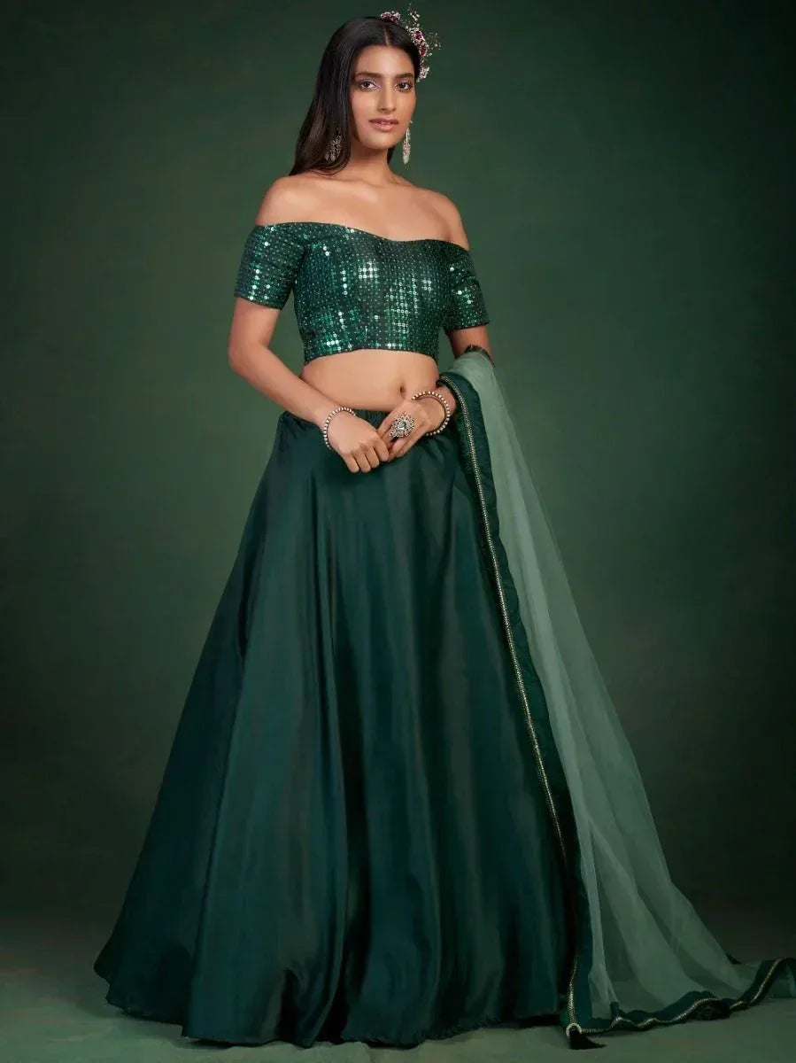 Emerald green sequin off-shoulder lehenga choli with sheer dupatta, Indian ethnic wear
