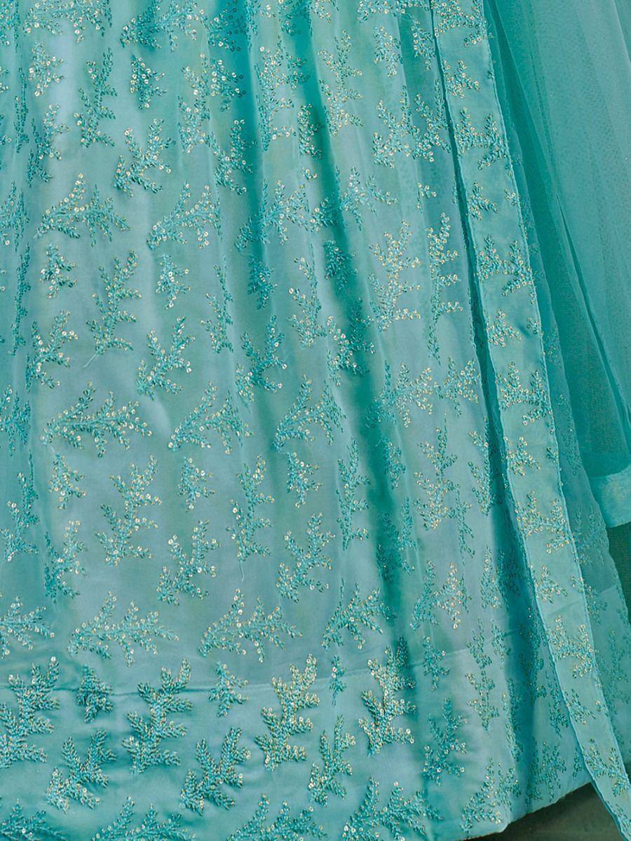 Turquoise lehenga with intricate floral sequin embroidery, perfect for Indian ethnic wear occasions.