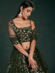 Desirable Olive Green Sequins Embroidered Georgette Lehenga Choli