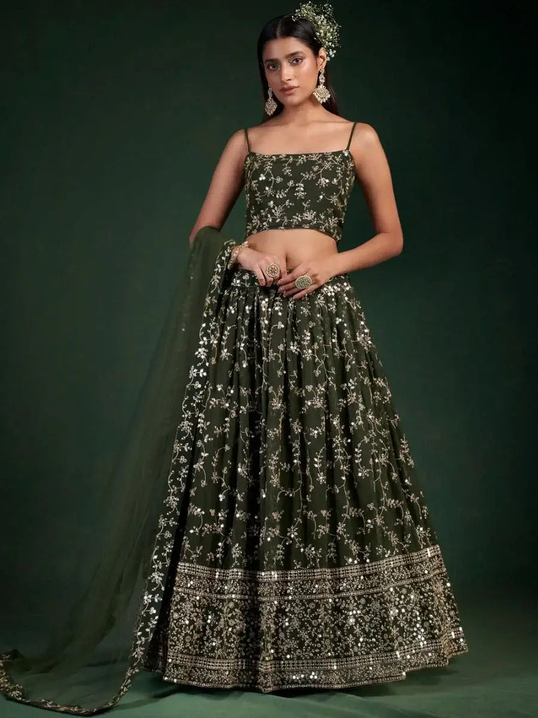 Desirable Olive Green Sequins Embroidered Georgette Lehenga Choli