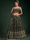 Desirable Olive Green Sequins Embroidered Georgette Lehenga Choli