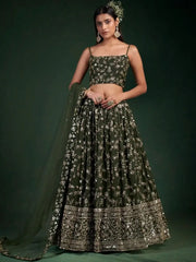 Desirable Olive Green Sequins Embroidered Georgette Lehenga Choli