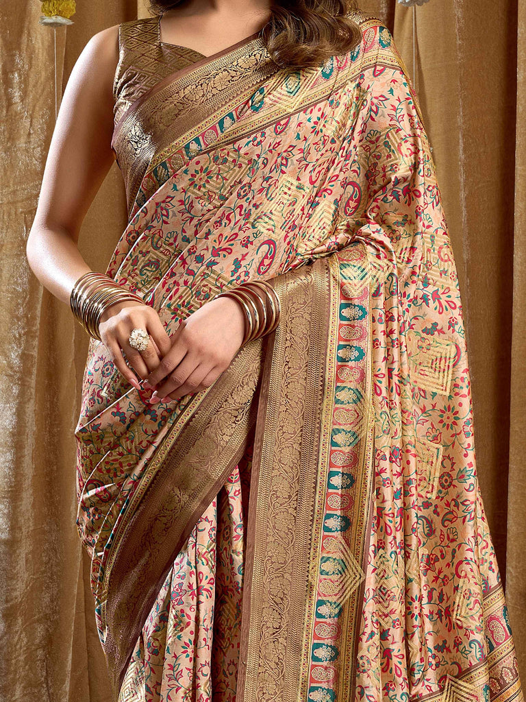 Incredible Beige Digital Printed Silk Wedding Saree With Blouse