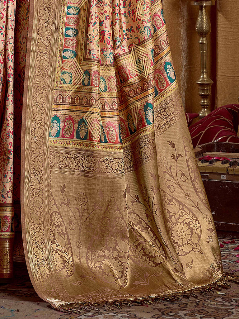 Incredible Beige Digital Printed Silk Wedding Saree With Blouse