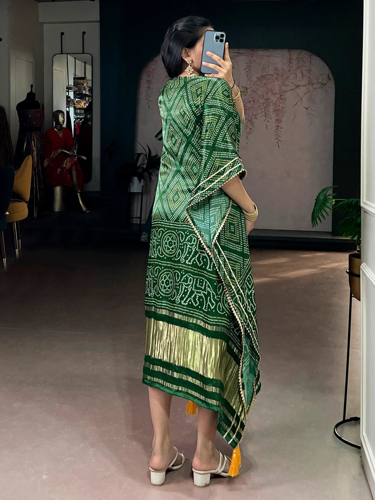 Stunning Green Bandhani Printed Silk Mehendi Wear Kaftan