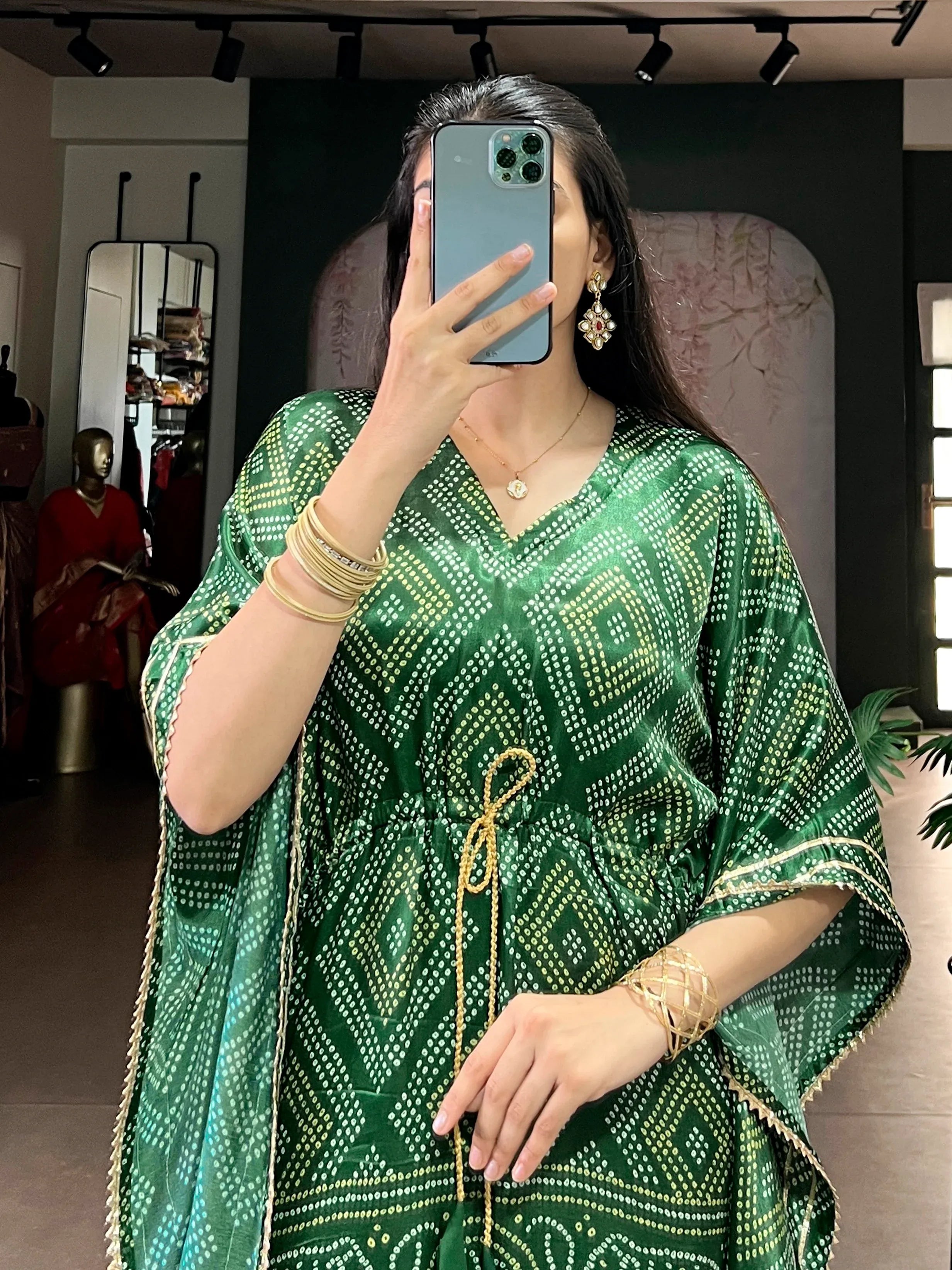 Stunning Green Bandhani Printed Silk Mehendi Wear Kaftan